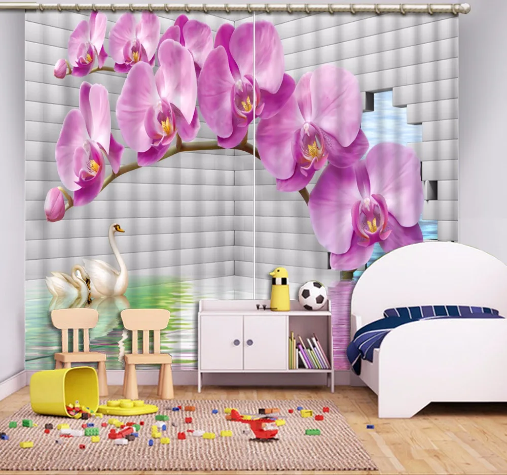 

3D Curtain Blackout Brick Wall Swan Flower Purple Curtain Window Curtain Living Room Bed Living Room Office Hotel Cortinas
