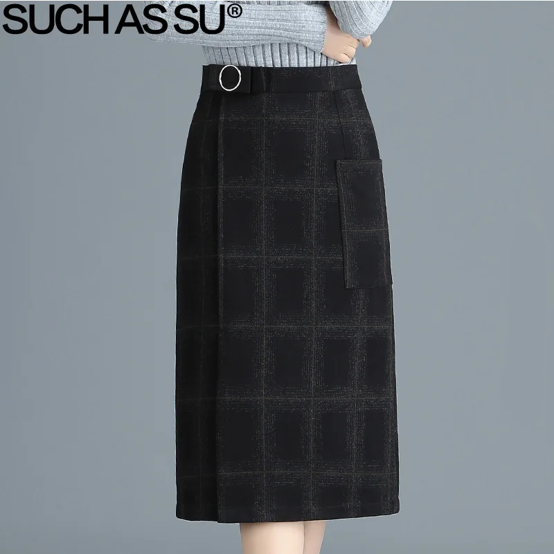 Lattice skirt Такие как SU новые шерстяные клетчатые юбки женские черные средней длины Высокая талия юбка карандаш S-3XL размера плюс офисные женские зимние юбки - Цвет: Lattice skirt