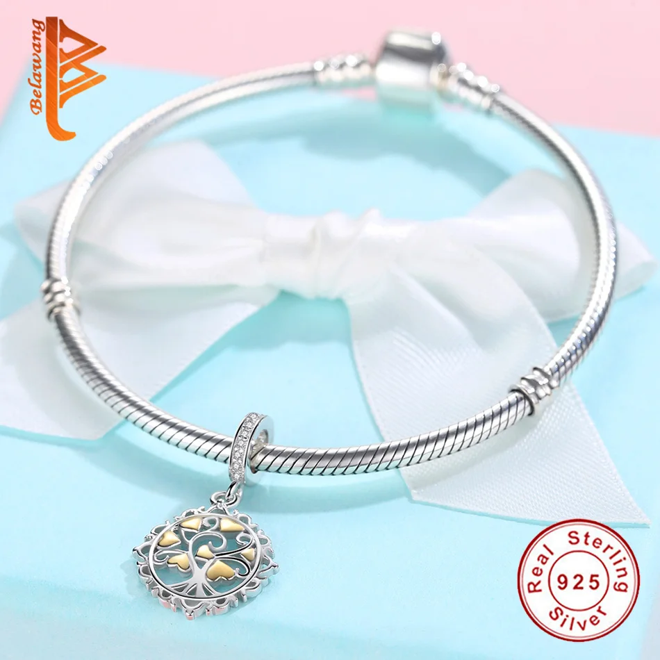 

BELAWANG Authentic 925 Sterling Silver Family Tree Gold Love Heart Tree Beads fit Bracelet Necklaces Jewelry Making