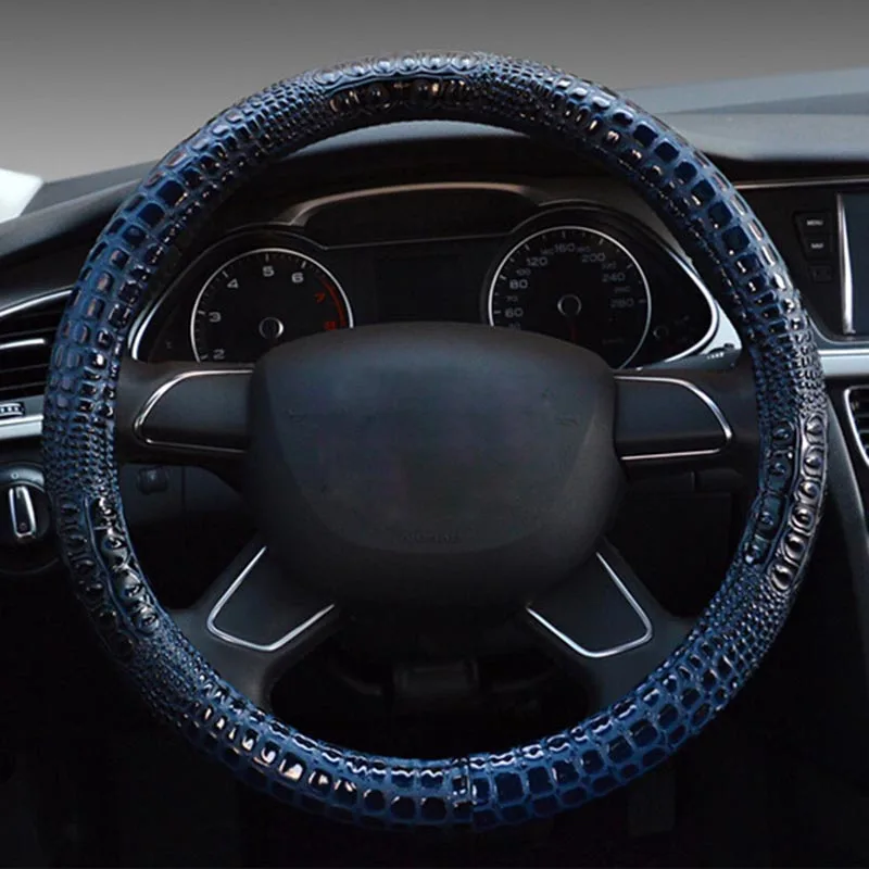 luxury crocodile grain leather car steering wheel cover universal sport cute handle case for men auto interior accessories blue free global shipping
