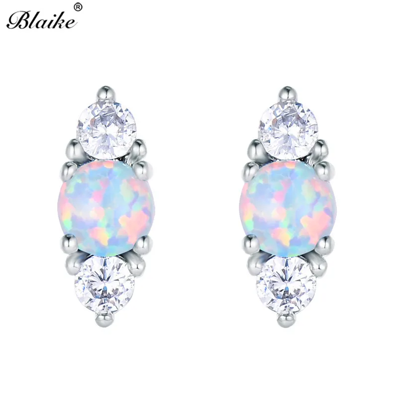 White Opal Earrings Blaike, 925 пробы, серебряные, Круглые, белые, синие, огненный опал, серьги для женщин, маленькие, циркон, камень, Двойные серьги, Женские Ювелирные изделия - Цвет камня: White Opal Earrings