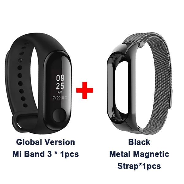Black Metal Magnetic Мировой Xiaomi mi, 3 полосы, умный браслет, браслет, 0,78 дюймов, OLED, мгновенное сообщение, идентификатор звонящего, mi Band 3, фитнес-трекер - Цвет: Black Metal Magnetic