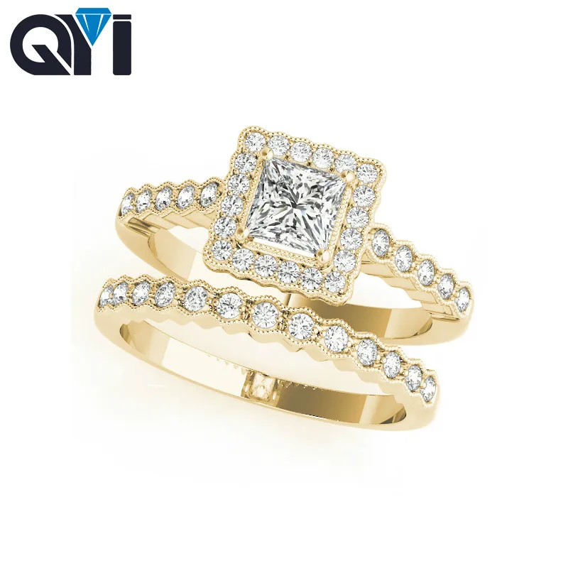QYI Solid 14K Yellow Gold Square Halo Engagement Ring Sets 0.5 Ct Princess Moissanite Diamond Jewelry For Women Wedding Bands