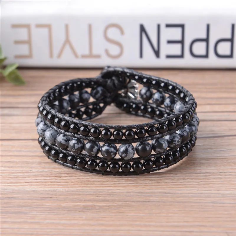 Женский браслет ручной работы круглый кожаный из натурального камня манжеты с