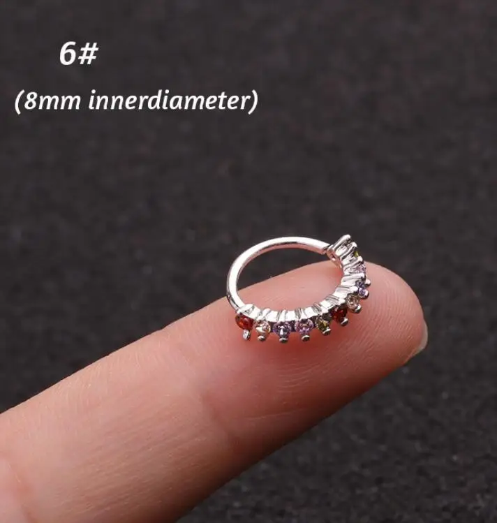 No 6 1P 0,8x6/8 мм красочные Cz из нержавеющей стали, Huggie Hoop серьги ювелирные изделия Cz нос кольцо ложная ноздрей, кольца с цветочными мотивами, покрытый светлым спирали серьга в Козелок - Окраска металла: No 6