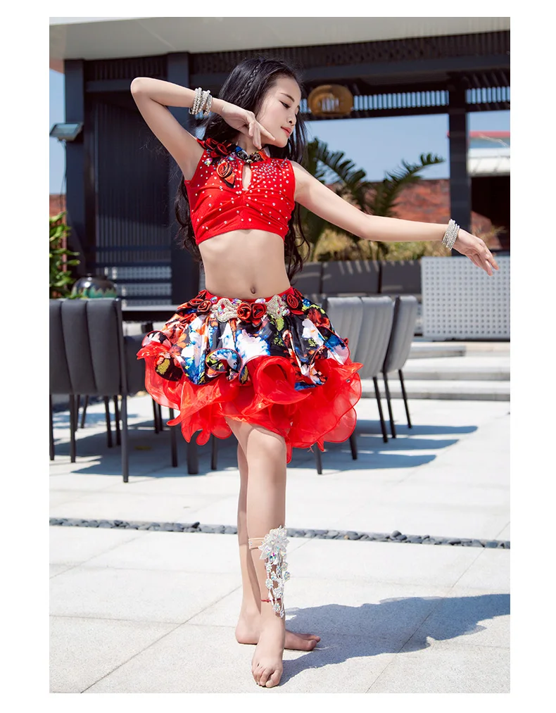Стиль Дети/Детские костюмы для танца живота довольно OrientalDance/туфли для латинских танцев/Джаз/тренировочный костюм для детей топы для девочек с юбкой комплект из 2 шт./компл