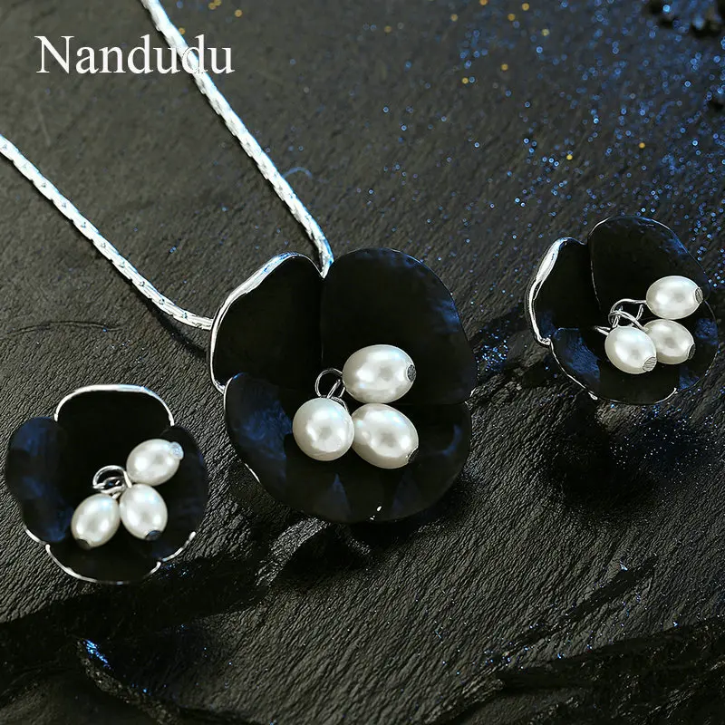 Nandudu модные чёрные цветы кулон ожерелье серьги Ювелирные наборы для женщин белый