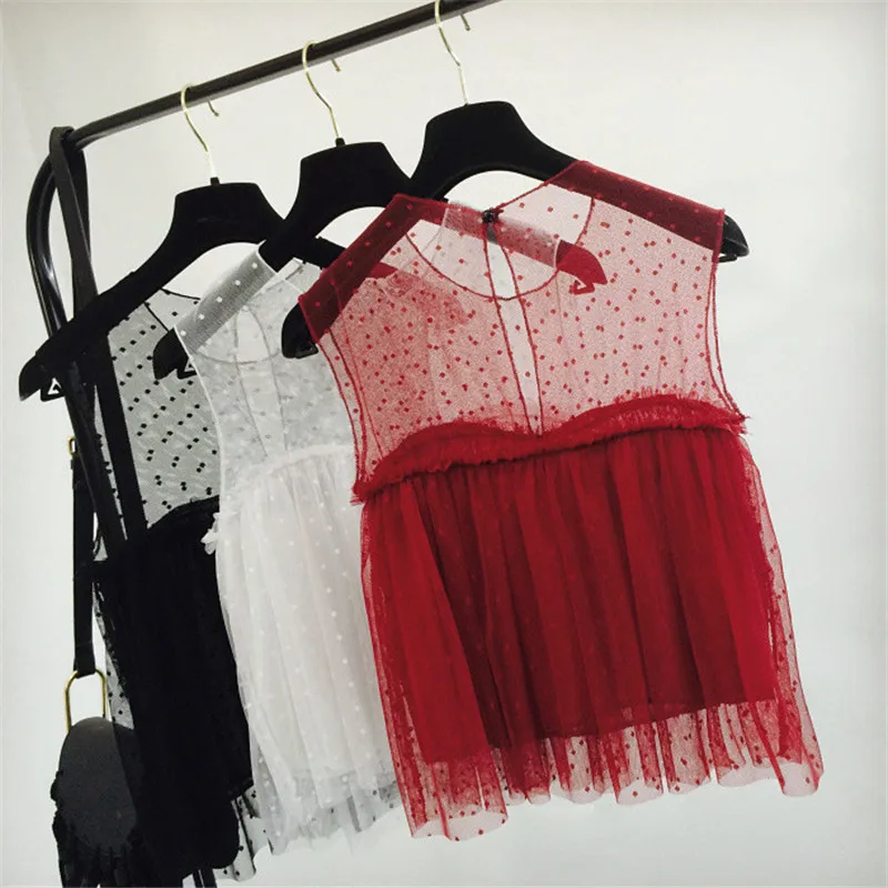 Летние милые Кружево без рукавов Для женщин футболка корейский сексуальный