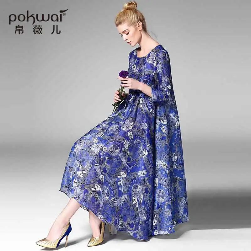 Pokwai элегантные длинные винтаж лето шелк лен party dress женщины 2017 новых прибытия