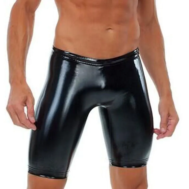 Sexy Men Plus Size Wild PVC Faux Leather Hot Shorts Stage Boxer Wetlook Clubwear Jockstrap Fetish Gay Wear Erotic lingerie F18