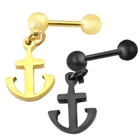 16g black gold stainless steel anchor design ear studs round barbell pendant earrings tragus helix piercing stud earrings