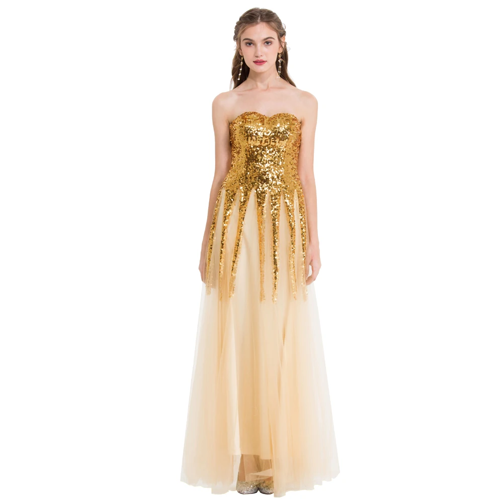 

Angel-fashions Women's Strapless Prom Dresses Gold Sequin Illusion Ball Gown Vintage Abiye vestido de fiesta de boda 106