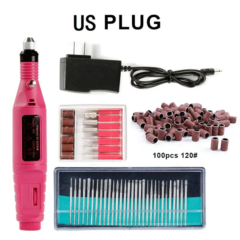 rose red US 120 Электрический аппарат для маникюра, 30 шт., фрезы, сверла, набор шлифовальных лент, набор сверл для ногтей, гель для удаления кутикулы, набор - Цвет: rose red US 120