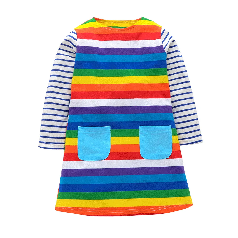 Baby Girls Dresses Long-sleeve Cotton Colorful Rainbow Children's Kids Costume Toddler Clothing Christmas Gift for Girl | Детская