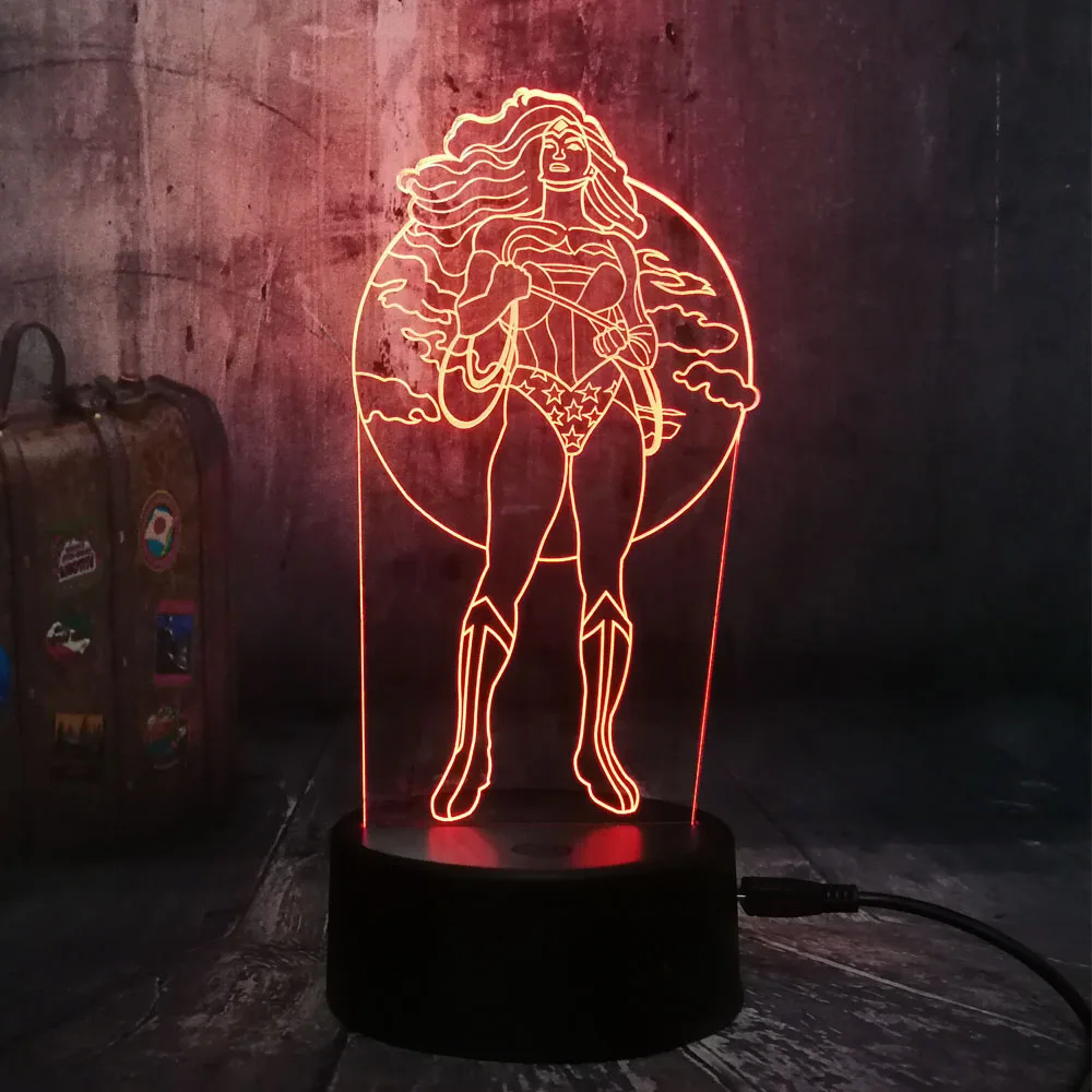 Новый Ночной светильник крутая чудо женщина DC Super Hero 3D LED RGB 7 цветов настольная