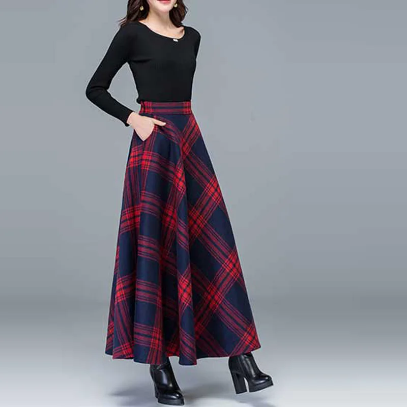 Зимние теплые большие размеры 6XL 5XL XXXXXXL красные шерстяные винтажные модные повседневные женские клетчатые длинные юбки макси с высокой талией для женщин