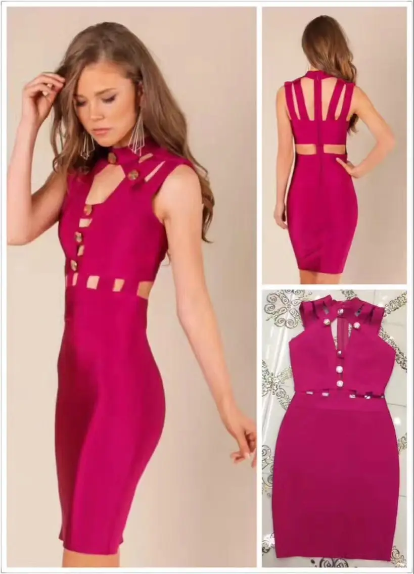 2017 Новый Женщины wine red o шеи Кнопка Рукавов Полые Вырезать Партия Bodycon Платье