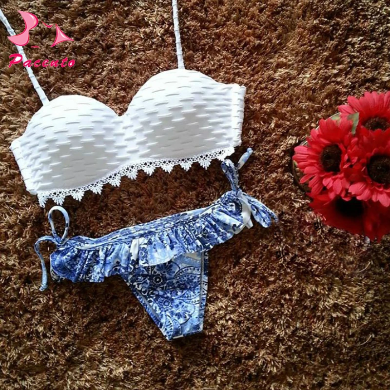 Купальники женские ванный комплект Sexy Холтер бикини с оборками Для женщин Пуш-Ап
