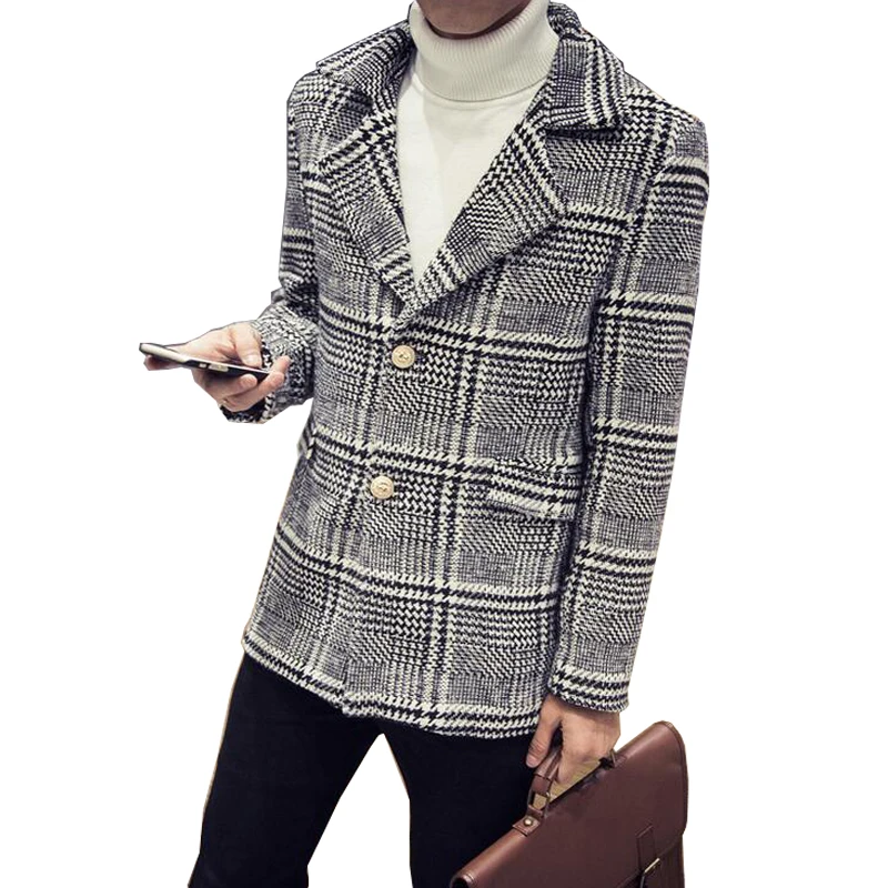 Korea Style Gird Plaid Woolen Trench Men Casual Slim Grid Wool Lengthen and Thicken Overcoat Size M-5XL | Мужская одежда