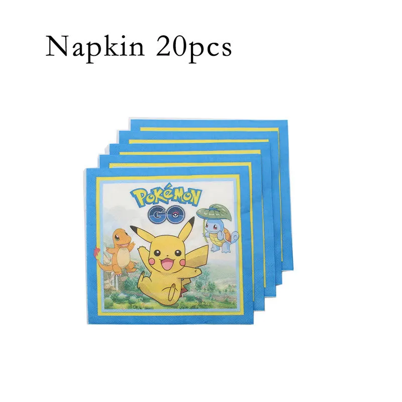 Napkins 20pcs Украшения для дня рождения для детей, мальчиков, Покемон, одноразовая посуда, Набор салфеток, тарелки, Подарочная сумка, фольгированный шар, Покемон, вечерние принадлежности - Цвет: Napkins 20pcs