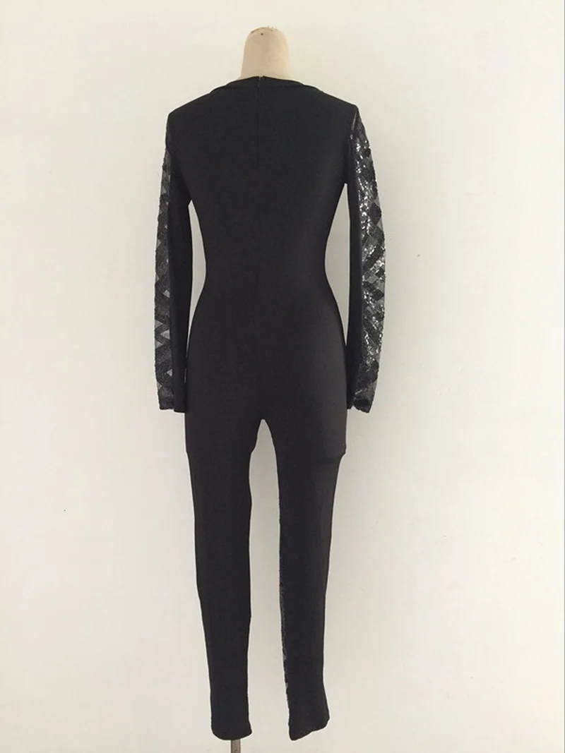 

U-SWEAR Women Deep V Neck Sequin Jumpsuit Long Sleeve Clubwear Party One Piece Rompers Solid Black Red Pink Bodycon Jumpsuits