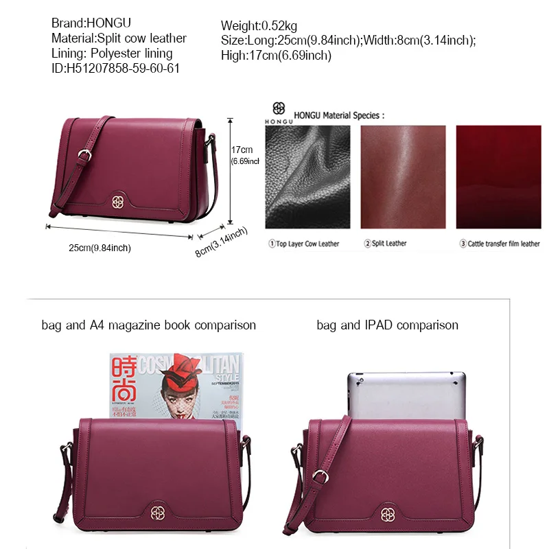HONGU натуральная коровья кожа женская сумка красная дикая мессенджер косой крест