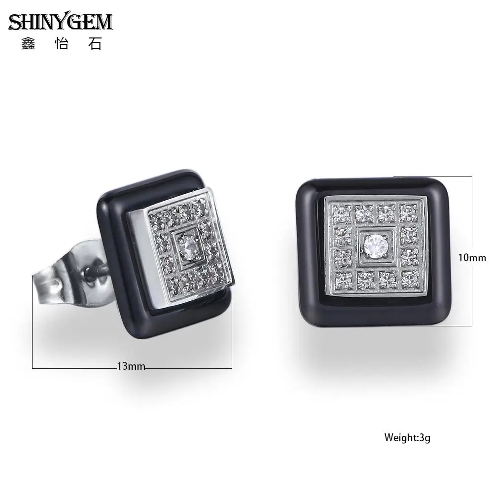 ShinyGem черные белые серьги-гвоздики из керамики круглые/квадратные серьги из нержавеющей стали AAA Белые циркониевые корейские серьги для женщин
