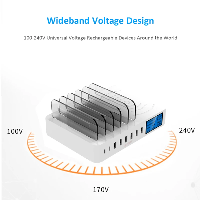 STOD Smart USB зарядное устройство Qi Беспроводная зарядка 50 Вт ЖК-дисплей Настольный держатель для iPhone X Samsung Huawei Mi 9 адаптер переменного тока