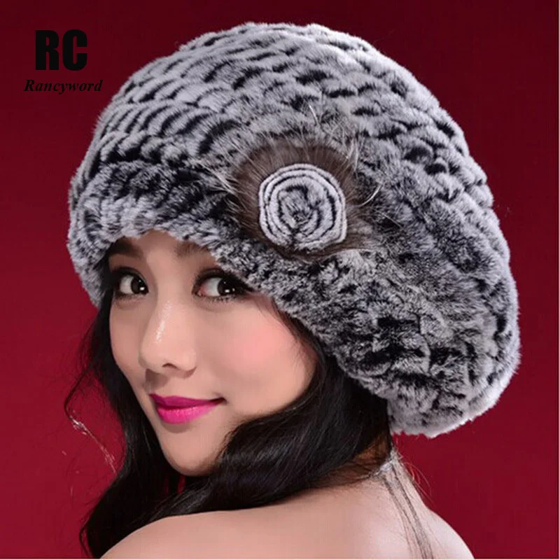 

[Rancyword] Russia Genuine Rex Rabbit Fur Beanies Hats Women's Winter Hat Warm Casual Female Knitted Natural Fur Hat Caps RC1300