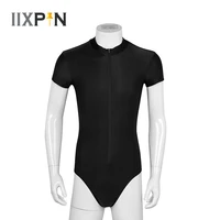 iixpin men ballet dance leotard bodysuit one piece round neck short sleeves front zipper high cut stretch gymnastics leotards