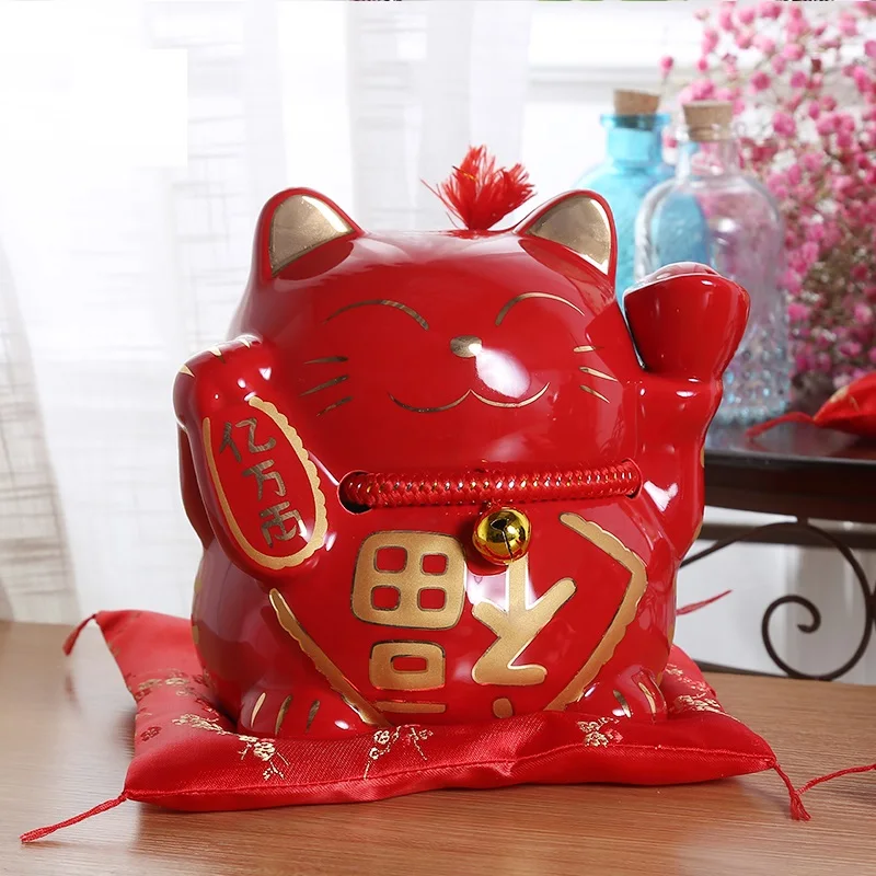 10 Inches Lucky Cat Piggy Bank Fortune Cat Feng Shui Craft Maneki Neko Ceramic Cat Money Box Home Decoration Accessories R1955