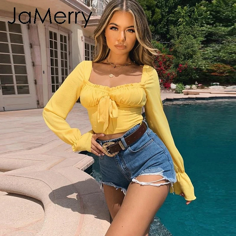JaMerry пикантные желтые длинные рукава верхняя одежда женская с низким вырезом на
