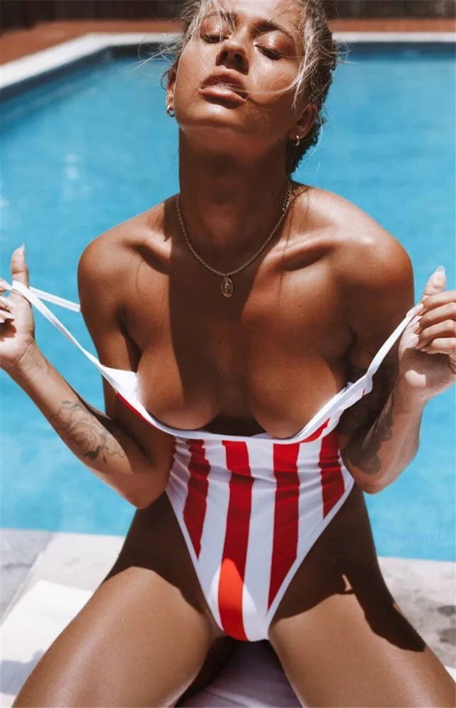 Сексуальный Полосатый Красный Белый купальник женский монокини с открытой