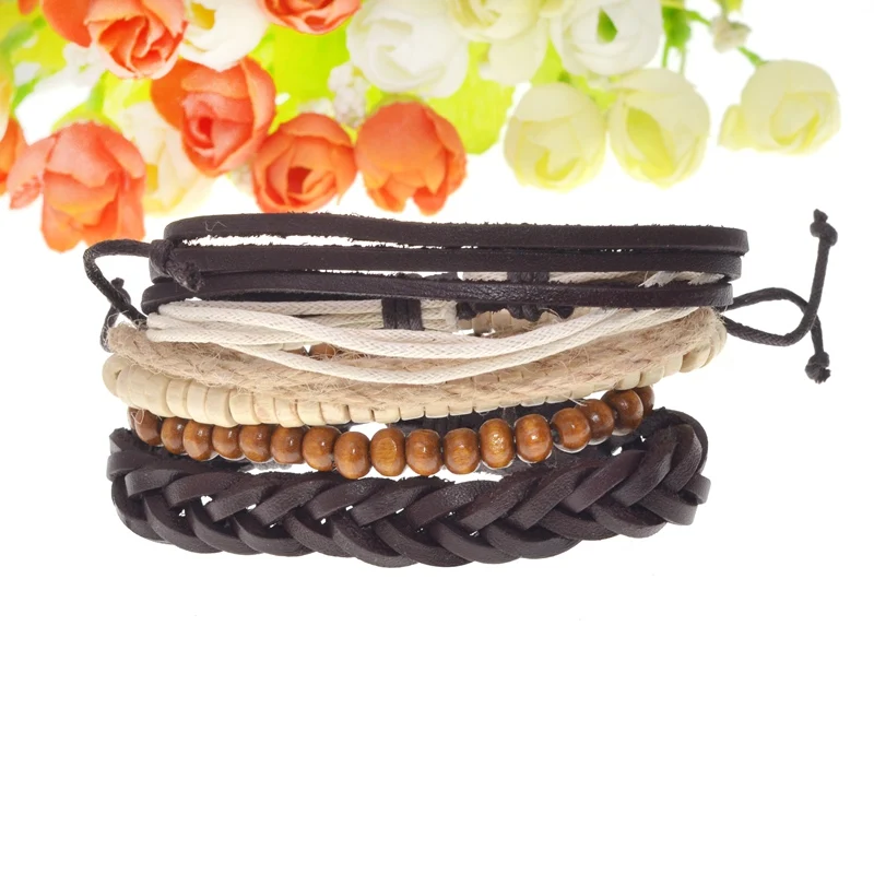 

2017 5pcs/set Handmade Beads Rope Woven Men Multilayer Charm Leather Bracelets For Women Homme Fashion Jewelry Accessories Lol
