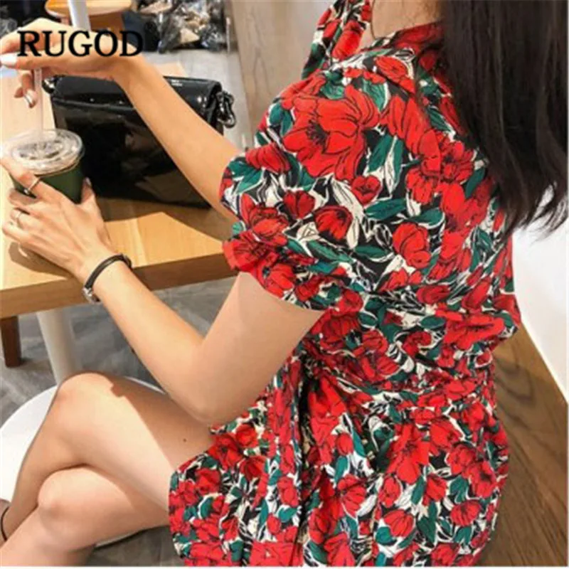 RUGOD/женское платье с цветочным принтом, мини-облегающее платье с короткими рукавами и v-образным вырезом, элегантное богемное стильное летнее платье modis vestido verano