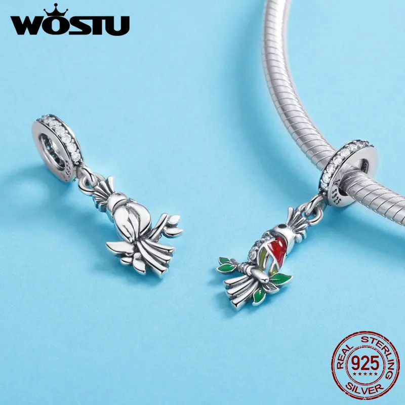 WOSTU, 925 пробы, серебряный Милый Попугай, животное, эмаль, бисер, подходит для оригинала, сделай сам, браслет, модное ювелирное изделие, подарок, FIC850