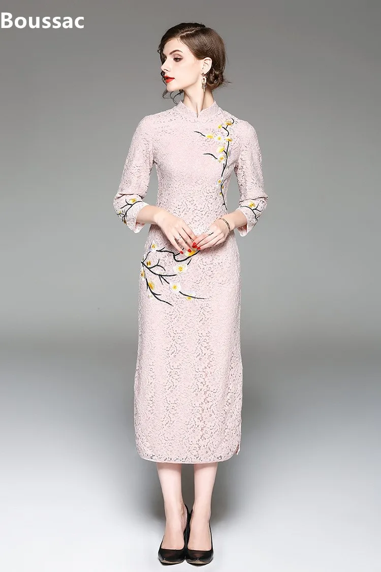 

Free shipping Summer original design Chinese style Embroidered big size Improved Cheongsam slim long lace dress for women