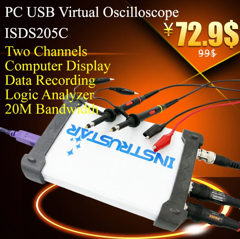 ISDS205C виртуальный ПК USB осциллограф 48M Частота выборки 20M полоса с логическим
