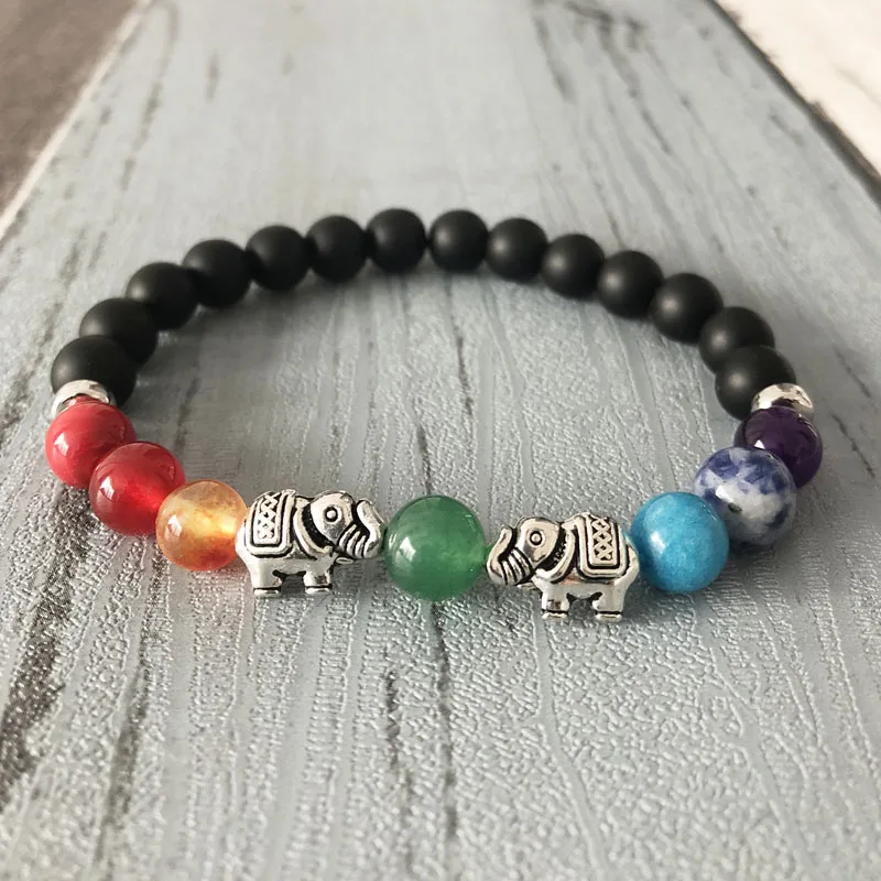 

7 Chakra Bracelet With Elephant Black Onyx Boho Elephant Bracelets Chakra Good Luck Reiki Healing Bracelet Gift