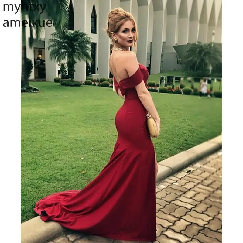 

Cheap Sexy Evening Dresses 2021 Mermaid Floor Length Off Shoulder Prom Dresssweep Train Backless Evening Gowns Custom Made