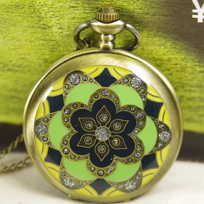 Модный Цветок Эмаль Зеленый нефрит кристалл ретро кварцевые карманные часы