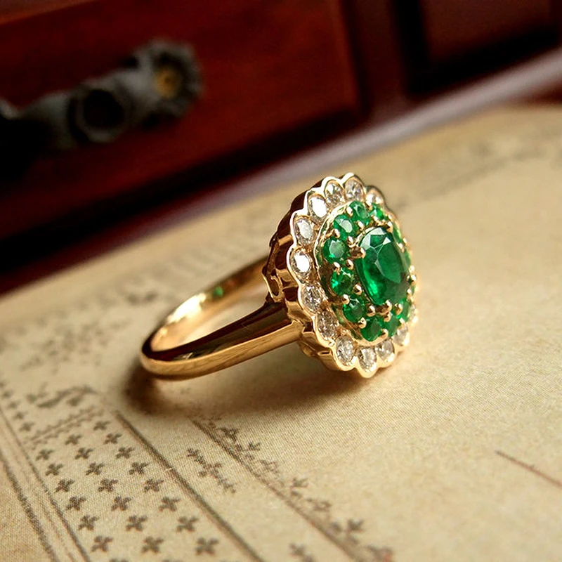 Обручальное кольцо, ювелирное изделие для женщин, 18 K, желтое золото, 1.1ctw Moissanite подушка, Зеленый Изумруд, Halo Кольцо Обручальное Кольцо