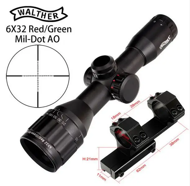 WALTHER 6x32 AO Mini Mil-Dot красный и зеленый цвет с подсветкой сетка охотничий прицел тактический оптический прицел тропа прицел - Цвет: with Dovetail Rings3