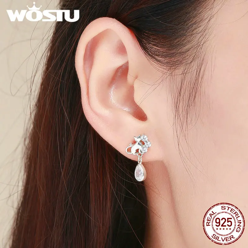 WOSTU, высокое качество, 925 пробы, серебро, милый кот, прозрачный кристалл, серьги-гвоздики для женщин, серебряные ювелирные изделия, подарок FIE424