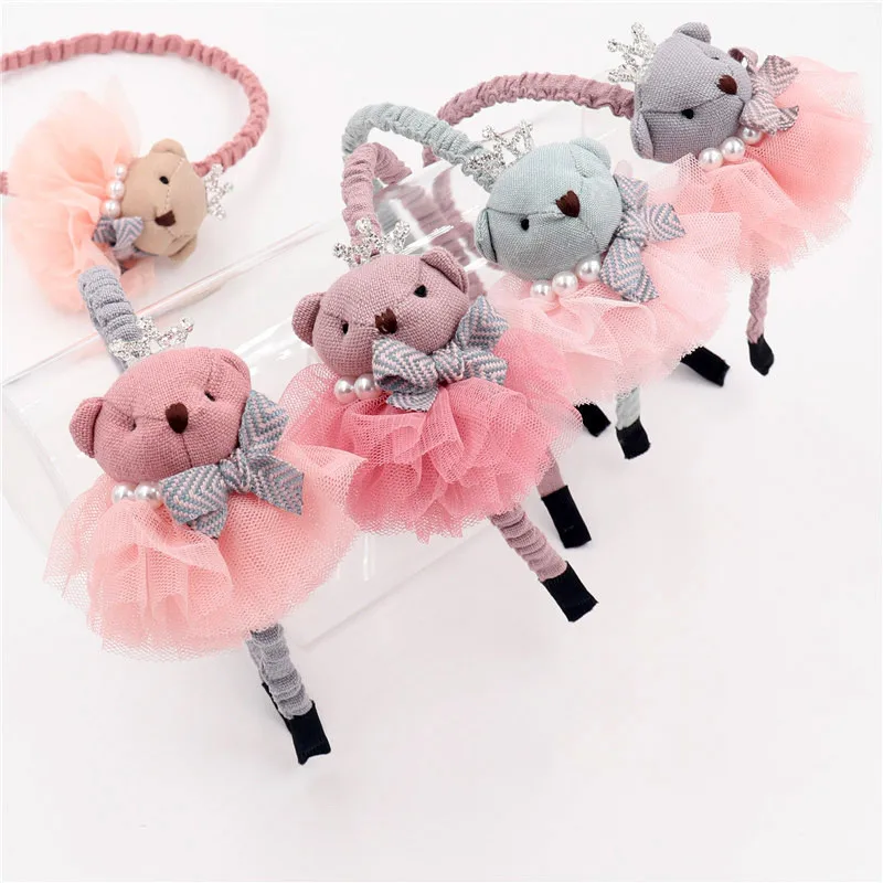 2019 Lace flower Bear doll Crown pearl Hairbands Gauze Hair accessories for girl lovely hair bands hoop Cartoon Princess Headban | Детская
