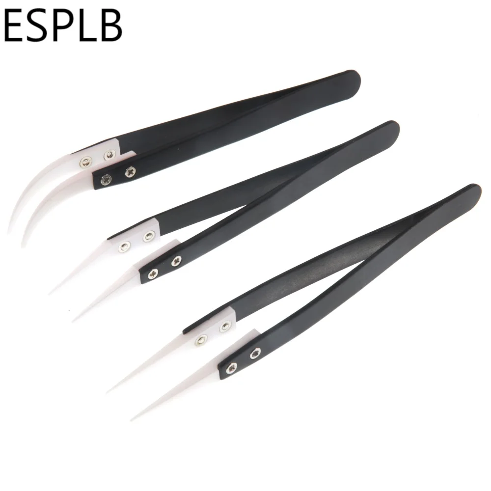 ESPLB Anti-Static Ceramic Tweezers Stainless Steel Industrial Ceramic Tweezers Insulated Straight/Curved Tip Black-Whit Tweezers