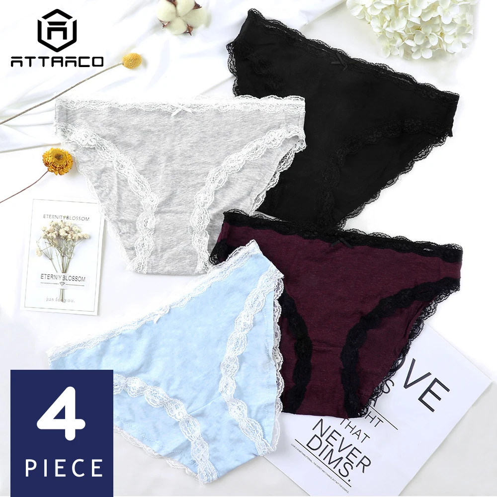 

ATTRACO Women's Underwear Cotton Soft Panties Hipster Briefs Solid Packs of 4 Cueca Calcinha Tanga Thong Lace Edge Bow tie Sale