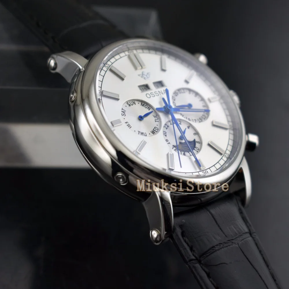 Luxury Fashion Brand OSSNA 42mm Silver White Automatic Date and Day Classic Leather Men's Machinery Watch Gift | Наручные часы