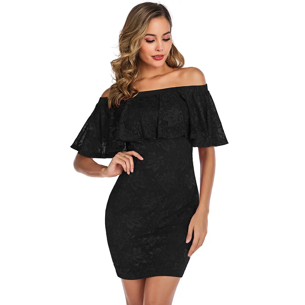 

Women's Vintage Slash Neck Off Shoulder Slim Ruffled Floral Lace Dress Ladies Sexy Party Mini Dresses
