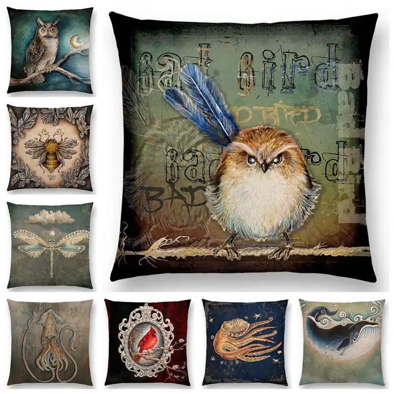 

Classic Retro Magical Animals Sofa Throw Pillow Case Blue Whale Owl Bat Bee Octopus Vintage Cushion Cover